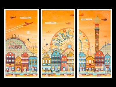 Phish // Atlantic City, NJ Poster Series atlantic city beach boardwalk buildings carnival dan kuhlken dkng kite nathan goldman phish plane poster roller coaster screen print silkscreen sunset triptych