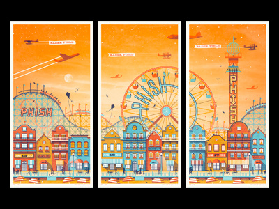 Phish // Atlantic City, NJ Poster Series atlantic city beach boardwalk buildings carnival dan kuhlken dkng kite nathan goldman phish plane poster roller coaster screen print silkscreen sunset triptych