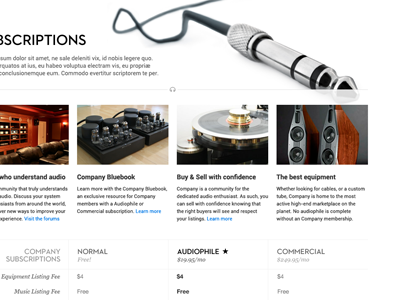 Subscription levels audio classifieds interface interface design join marketplace membership subscription web web design