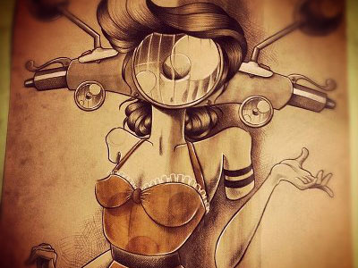 Vespa? colors hair illustration ink paper vespa. scooter woman