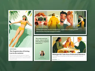 Blog highlight section articles bento blog branding cards featured gradiant green grid highlight illustrations medium news product design section testimonial trending web design