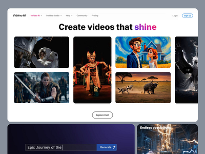 Vidvivo AI: Website Dynamic AI Video Creation Hub ai video creation animation and motion artistic video creation cinematic visuals creative platform digital storytelling diverse content themes engaging content production futuristic aesthetics modern design interface motion graphics professional tools for creators seamless user experience space exploration visuals storytelling through video ui design video creation inspiration video editing software video production wildlife cinematography