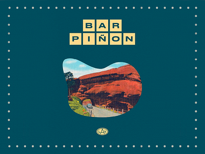 Bar Piñon Branding Postcard background blue border branding car decorative design graphic design landscape postcard red rock retro road stars teal text travel tunnel typography visual identity