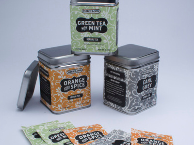 Bigelow Tea Redesign beverage green grey herbal orange packaging redesign spice tea tins