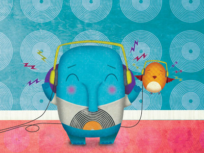 Listening to music blue books character children clumsy elephant illustration irish music radio texture