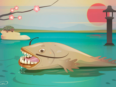 Looking for food animal fish humor illustration japan japanese vector