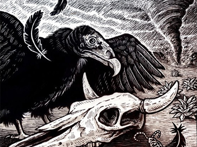 Tornadoes and Turkey Vultures agave bird black cow dark edgy feather illustration pen and ink skull texas tornado turkey vulture