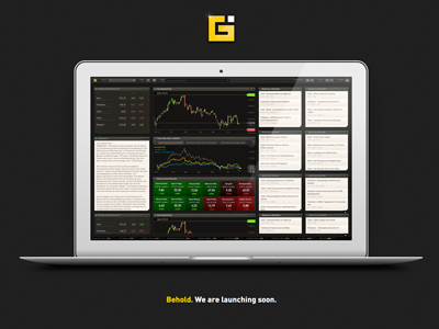 Behold. We are launching soon. bar chart dark interface logo macbook navigation news typography ui white yellow