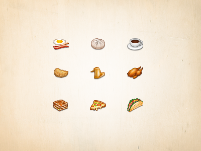 Food Icon bacon chicken coffee dumpling egg empanadas food icon icons lasagna meal pizza taco wings