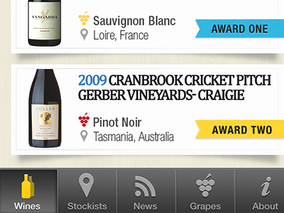 Wine Project - List view adobe app bottles boxes design grapes interface iphone list mobile photoshop selected tabbar tabs ui wine