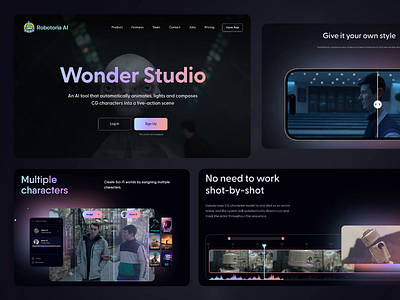 Robotoria AI: AI-Powered Wonder Design Studio ai powered software animation tools character integration cinematic design creative interface futuristic ui interactive ui elements live action integration modern gradients motion design motion graphics platform multi character assignment seamless video editing ui design user friendly dashboard ux design video production visual storytelling web design website