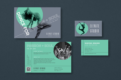 Dance Studio Brand Identity Set branding business card dance dance studio dancer fitness marketing post card retro