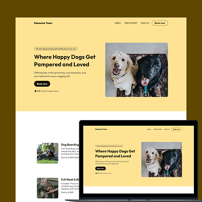 Pet Grooming and Boarding Business Landing Page branding clean design framer home page landing page local business modern pet business pet care pet grooming professional ui ux web design web development webflow website wordpress