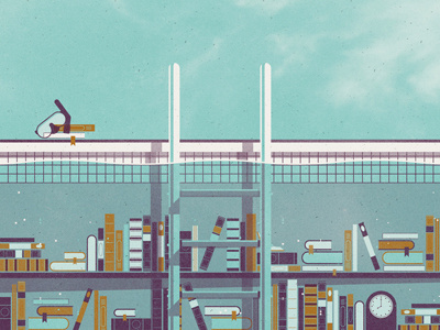 Library Art Print art print books dan kuhlken dkng ladder library nathan goldman pool poster screen print shelf silkscreen snorkel teal vector washed out water