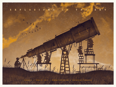 Explosions In The Sky // Nashville, TN Poster art print boy child clouds dan kuhlken dkng explosions in the sky grass kid ladder nathan goldman night orange poster screen print silkscreen stars sunset telescope