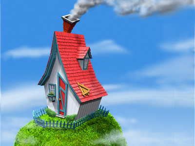 Shack bushes chimney clouds grass house shack sky smoke