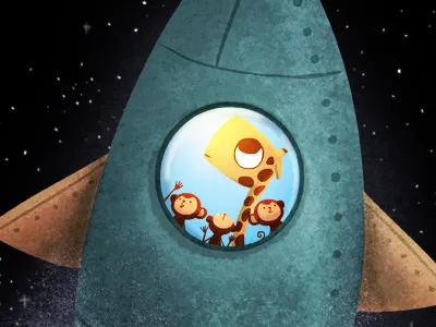 final frontier animal animals childrens giraffe illustration kids monkey rocket space stars