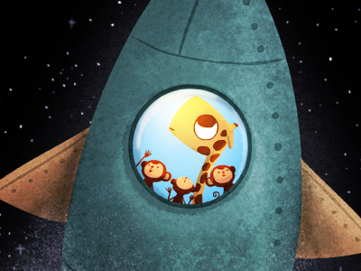 final frontier animal animals childrens giraffe illustration kids monkey rocket space stars