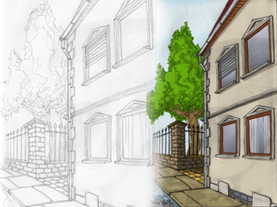 From Sketch To Illustration drawing house illustration photoshop street
