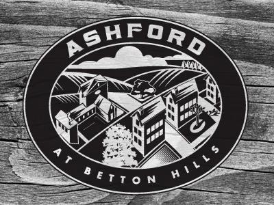 Apartment complex woodcut logo seal town woodcut