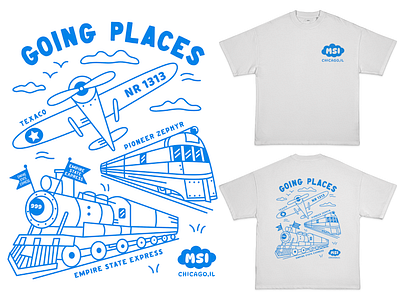 "Going Places" T shirt for The Museum of Science and Industry branding chicago design illustration merch museum plane science shirt t shirt train transportation travel