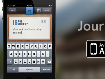 Website banner celebrating arrival of Journalized app buttons ios iphone journal paper website wood