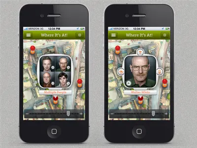 Where It's At! iPhone App Multi person select app contacts ios iphone map map pin mobile mobile app nearby networking social social networking the serif ui ux zoom