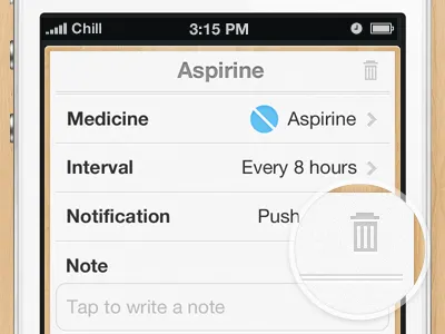 Medicament Detail app bin design detail icon ios iphone mobile navbar paper texture trash ui wood