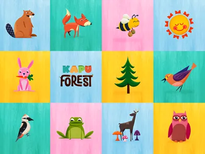 Kapu Forest animals beaver bee bird deer forest fox frog mushroom owl rabbit sun tree woodpecker