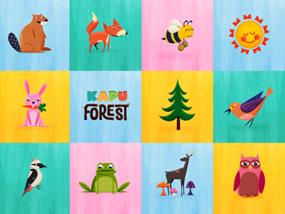 Kapu Forest animals beaver bee bird deer forest fox frog mushroom owl rabbit sun tree woodpecker