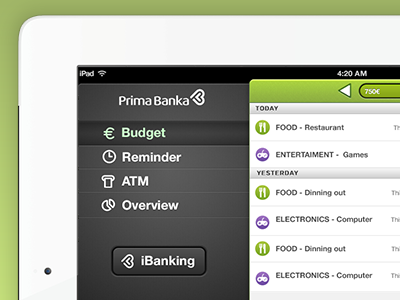 Primabanka dark menu app dark green ipad side menu ui