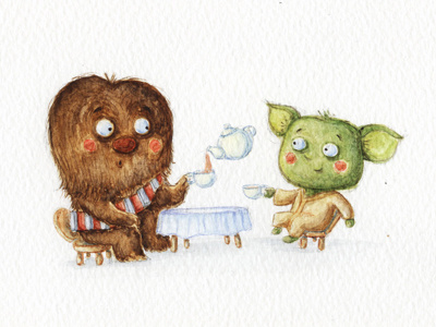 Tea party: force. chewbacca chewey star wars watercolor yoda