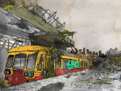 Wasteland abandoned city astronaut train wasteland world