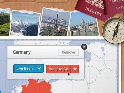 Travel App Buttons box button clean europe facebook hover light map navigation pop up simple travel ui user interface web app web design website