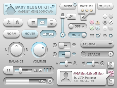 UI Kit Freebie (Baby Blue) buttons codrops earch form elements freebie iconography icons label media player photoshop profile psd rating search sliders toggles tool tip ui vector volume