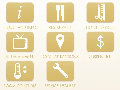 Hotelconcierge Main app bill buttons class entertainment gold gradient hotel hours icons illustrator info interaction design interface ios ipad local attractions main menu menu noun project restaurant room control services statement television temperature thermostat tv ui vector