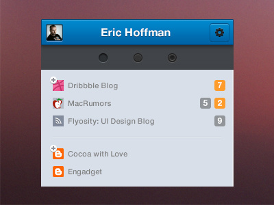 Eric Nav app application avatar blue counter dashboard eric hoffman feed filter gray nav number profile rss settings sidebar site ui webapp