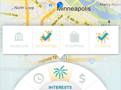New UI for Wander - Interests bright checkboxes clean iphone map minimal ui ux