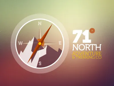 71 Degrees North 71 adventure arctic brown circle colours company compass degrees east green illustrator logo mountain mountains north points south sun trekking west