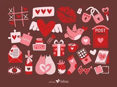 A set of cute stickers for Valentine's Day. cute stickers designs stickers digital illustrations doodle style graphic design illustration illustrator logo love and romantic pastel colours pink red set of illustrations stickers stock illustrator valentines day vector vector illustrations vintage