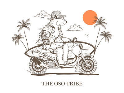 Beach Cruiser apparel design beach bear branding custom custom illustration hand drawn moped motorcycle palm tree sun surf surfboard surfing tattoos tropical waves