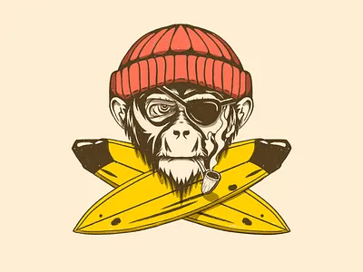 A sailor named Caesar bananas beach beanie boats custom illustration eyepatch hand drawn illustration monkey ocean pirate pirate monkey sailor sailor monkey smoking surf surfboard tropical vector illustration