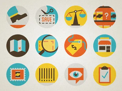 Retail barcode coupon eye icons magnifying glass map retail scales shoe shop shops stamp tag vector