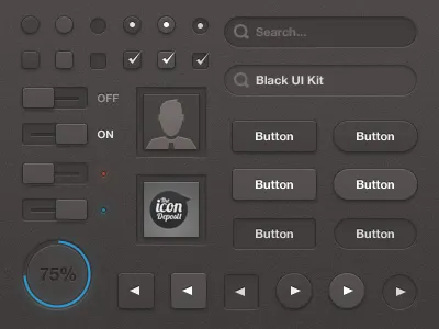 Black UI Kit avatar black box button buttons checkbox dark design free freebie gui interface kit loader minimal next off on photoshop previous psd radio resource search subtle texture tick ui user vector