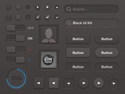 Black UI Kit avatar black box button buttons checkbox dark design free freebie gui interface kit loader minimal next off on photoshop previous psd radio resource search subtle texture tick ui user vector