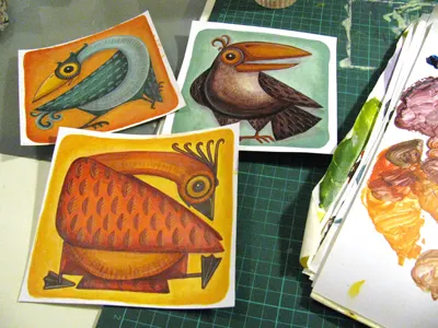 Happy Bird 3 Small acrylic bird handmade illustration paint