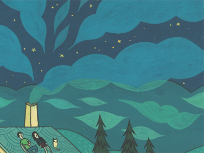 stargazers chimney hand painted illustration night painted people sky smoke star stargazing