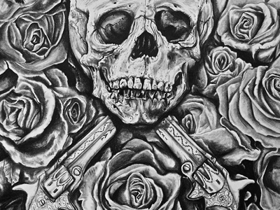 Double or Nothing drawing gun hand drawn illustration revolver rose skull