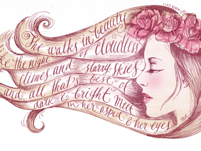 She Walks in Beauty calligraphy girl hair illustration lettering