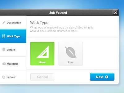 Estimate Job Wizard app blue estimate green job modal pictos ui web window wizard